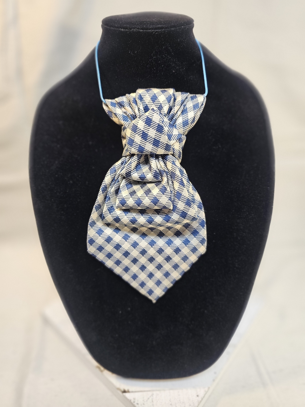 Women's Blue and Cream Checkered Necktie Necklace